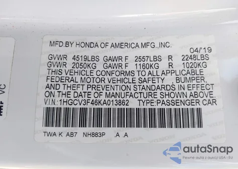 2019 Honda Accord Hybrid Ex из США, поврежденный, VIN 1HGCV3F46KA013862